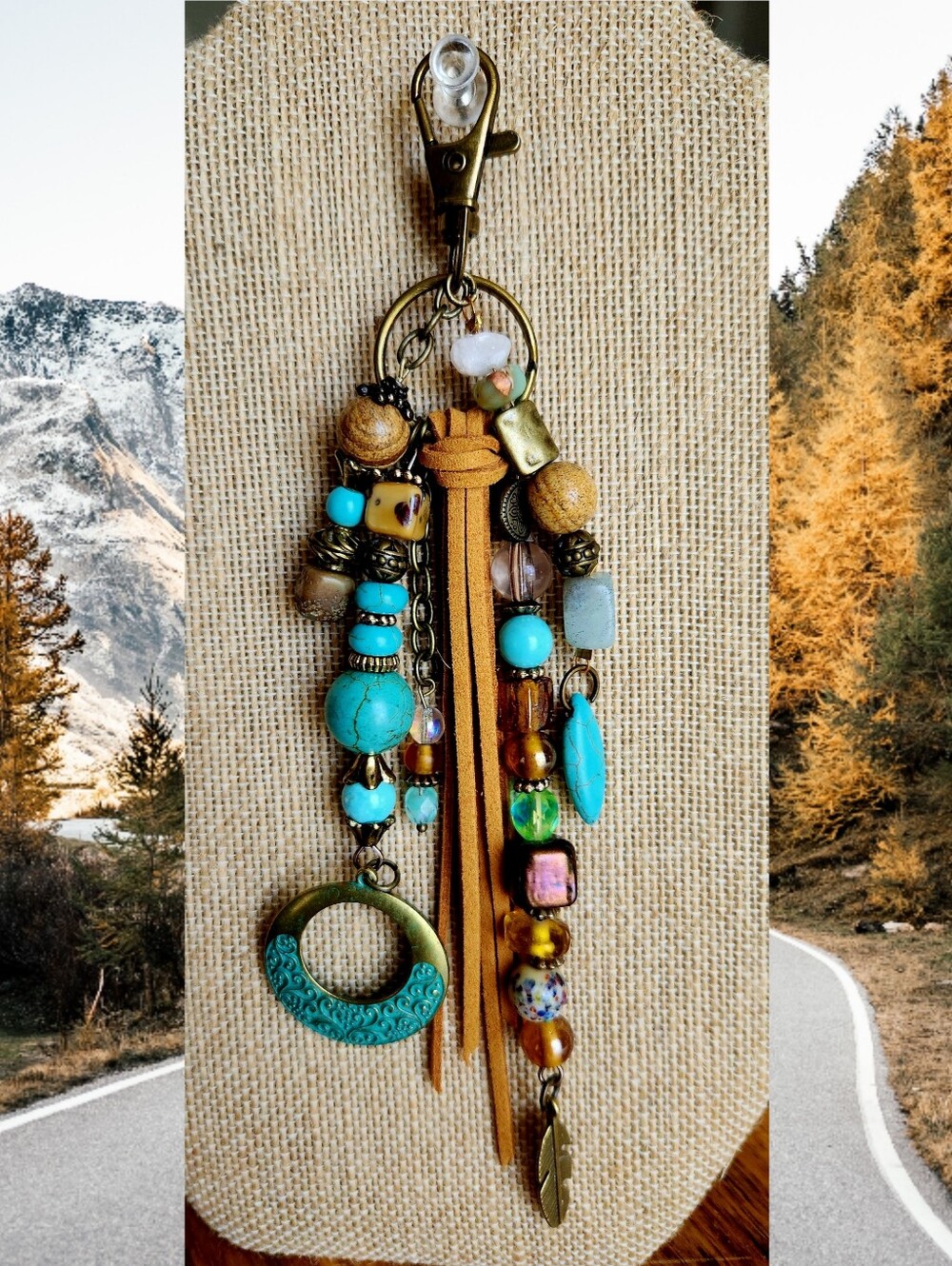 Handmade Boho Turquoise Bead & Tan Leather Tassel Keychain